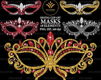 Carnival Masks digital clipart PNG. Glitter masks clip art. Masquerade Masks gold, silver red sparkle overlay clipart. Instant download.