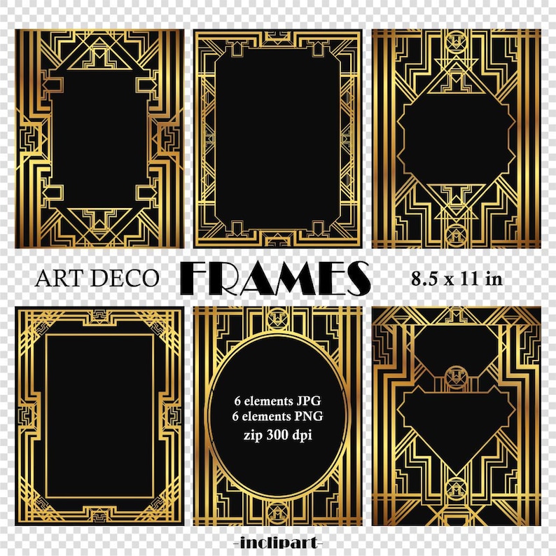Frames Art Deco Clipart. Set of 6 Digital Metallic, Gold Frames in JPG ...
