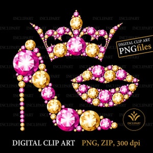 High-Heel-Schuh, Krone, Lippen digitale Clipart PNG-Dateiformat. Rosa und goldener Diamant, Strass-ClipArt. Damen-Party-Clipart. Sublimation.