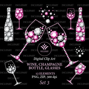 Wijn, champagnefles, glazen Clipart. Diamant, strass, edelsteen Flessen, glazen overlay clip art. Direct digitaal downloaden. PNG-indeling.