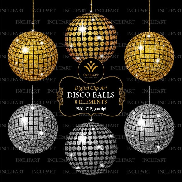 Disco balls clipart. Party clipart. Disco balls gold and silver glitter clip art 8 sparkle disco balls. Digital download PNG.