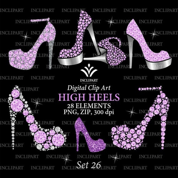 Shoe clipart PNG. Purple & Silver ladies, girls, bridal High Heels clipart. Fashion clipart. Wedding, party clipart Instant download PNG zip
