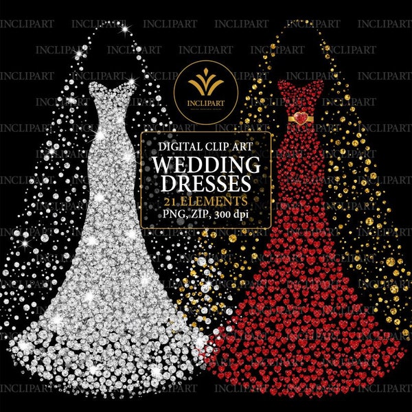 Wedding Dress Clipart. Bridal Gown Clipart. Prom dress clip art. Diamond red gold rose silver. Instant download in PNG format. Business use