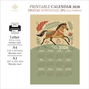 Horse Printable Calendar 2026. JPG file format. Download and print calendar. Letter, A4, A3 sizes. Sunday and Monday start Digital download