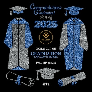 Clip art de formatura. Boné, vestido, clipart de ano de rolagem. Parabéns, graduados, clipart. Azul, glitter prateado, clipart Download digital PNG