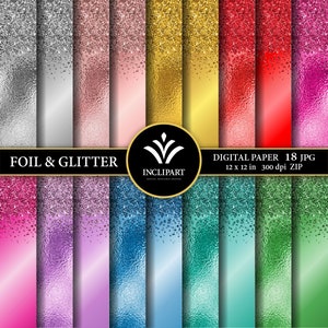Feuille et glitter clipart papier numérique. Ensemble de 18 JPG métalliques, arrière-plans de papier d’aluminium, textures dans des couleurs différentes. Imprimable. Téléchargement instantané.