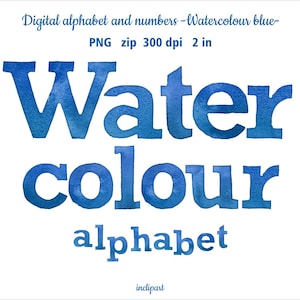 Watercolour blue letters, numbers, symbols digital clipart. Blue hand painted alphabet clip art. Instant download in PNG format.