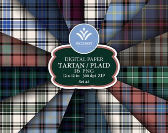 May include: A collection of sixteen digital tartan and plaid paper designs. The patterns feature various color combinations, including blue, green, red, and black, arranged in a 12 x 12 inch format. The image includes the text "DIGITAL PAPER TARTAN / PLAID 16 PNG 12 x 12 in 300 dpi ZIP Set 42."