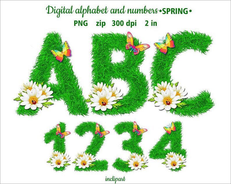 floral alphabet clipart flower grass butterfly letters etsy