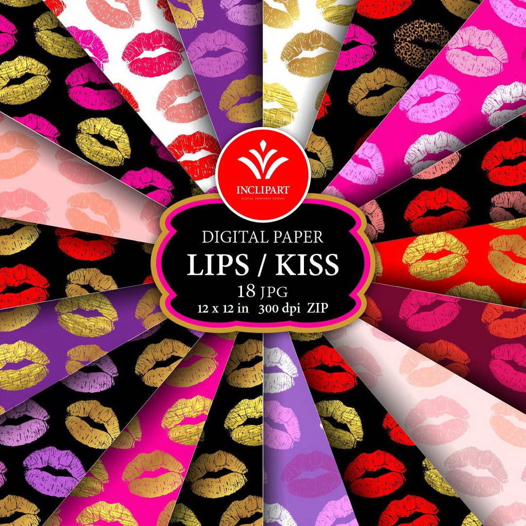 Lips, Kiss Print Seamless Digital Paper. Set of 18 JPG Kiss, Lips ...