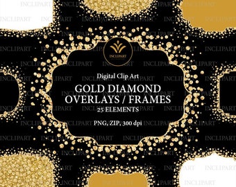 Gold diamond frames, overlay digital clipart PNG. Digital sparkle frame clipart. Printable frames. Instant download PNG format. Business use