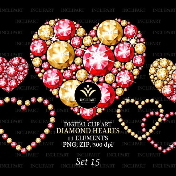 Diamond Heart Clipart Png Red Rubies And Gold Diamonds Etsy
