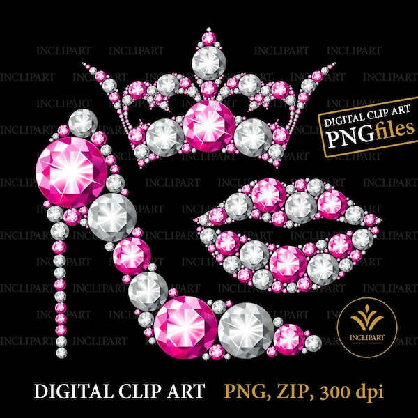 High heel shoe, Crown, Lips digital clipart PNG file format. Pink and white diamond, rhinestone clip art. Ladies party clipart. Sublimation.