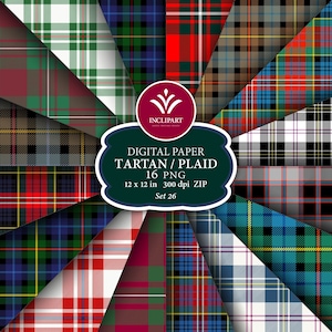 May include: A digital paper pack featuring 16 different tartan and plaid patterns. Each pattern is 12 inches by 12 inches and 300 dpi. The pack is called "Tartan/Plaid" and is set number 26.