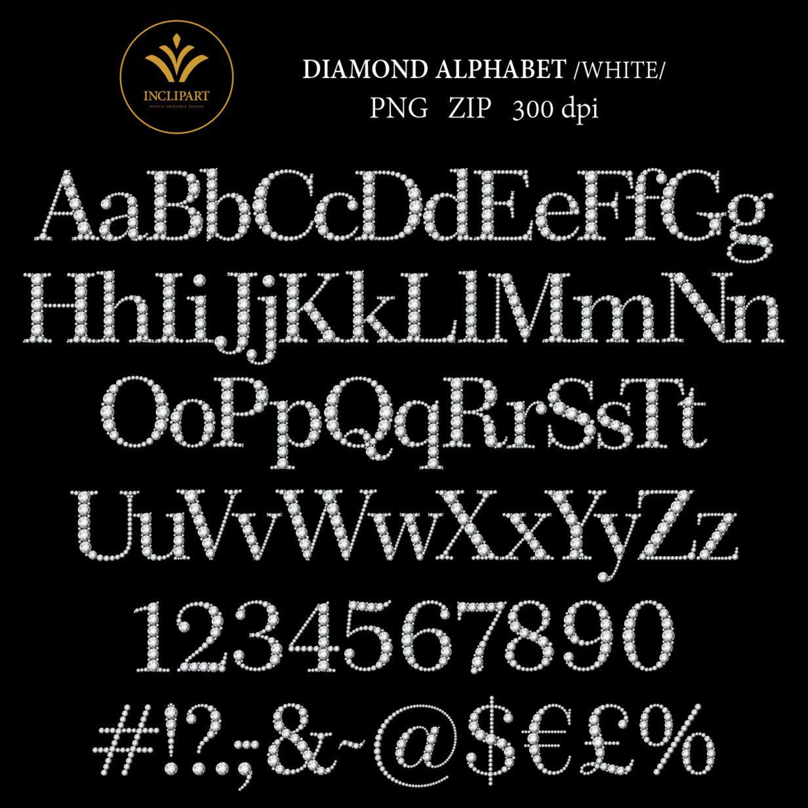 Diamond Alphabet and Numbers Clip Art PNG File Format. Digital White ...