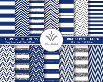 Stripes, Chevrons digital paper. Navy Blue, Silver glitter geometric backgrounds. Set of 14 JPG  digital papers. Printable. Instant download