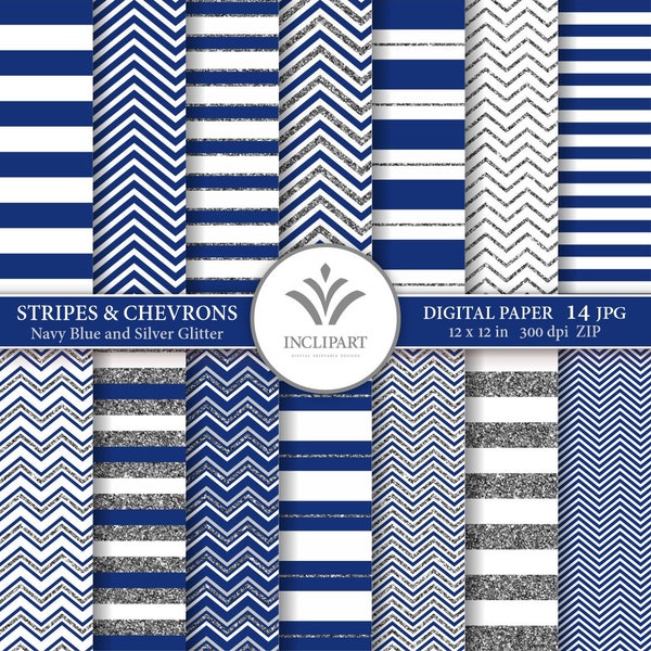 Stripes, Chevrons digital paper. Navy Blue, Silver glitter geometric backgrounds. Set of 14 JPG  digital papers. Printable. Instant download