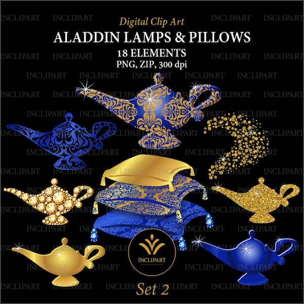 Aladdin Lamp digital clip art. Oil lamps, pillows for Arabian themed party, event. Arabian Nights in gold and blue colors, sparkle. PNG