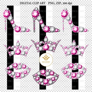 High heel shoe, Crown, Lips digital clipart PNG file format. Pink and white diamond, rhinestone clip art. Ladies party clipart. Sublimation. image 2