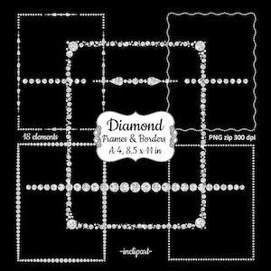 Clipart de moldura de diamante. Moldura de strass, clipart de borda. Molduras digitais brilhantes, divisores de página PNG. Download instantâneo. Uso comercial.