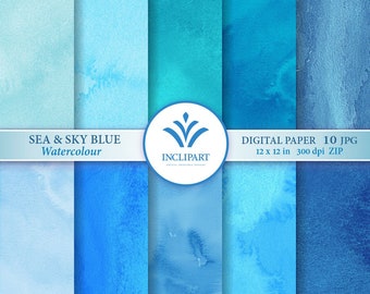 Sea & Sky Blue Watercolour Digital Paper Clip Art. Set of 10 JPG watercolor backgrounds / digital papers. Printable. Instant download.