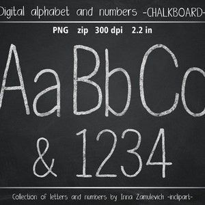 Clipart do alfabeto do quadro-negro. Clipart de letras e números de giz. Alfabeto de quadro de giz digital, números, símbolos. Download instantâneo PNG.