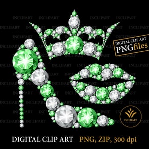 High heel shoe, Crown, Lips digital clipart PNG file format. Green and white diamond, rhinestone clip art. Ladies party clipart. Sublimation
