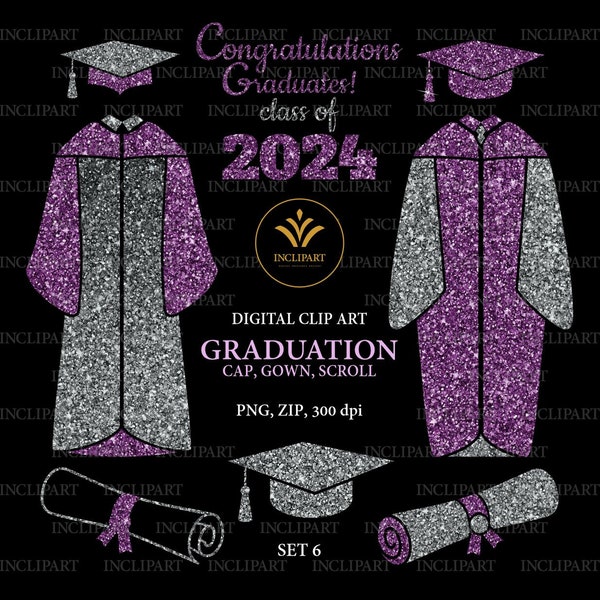 Graduation clip art. Cap, gown, scroll year clipart. Congratulations graduates clipart . Purple, silver glitter clipart Digital download PNG