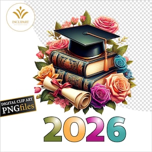 Imagen digital PNG de graduación (birrete, pergamino) para 2026. Diseño floral para la promoción de 2026. PNG para sublimación. Descarga digital PNG.