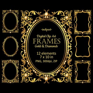 Gold frames digital clip art. Gold and diamond frames, border. Digital frames PNG, transparent background. Instant download. Commercial  use