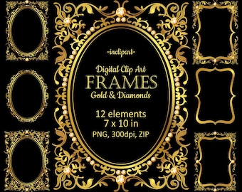 Marcos de oro clip art digital. Marcos de oro y diamantes, borde. Marcos digitales PNG, fondo transparente. Descarga instantánea. Uso comercial