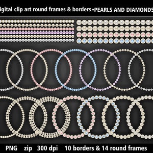 Round pearl frames and borders clip art. Digital download. Set of pearls and diamonds frames and borders. Instant download in PNG format.