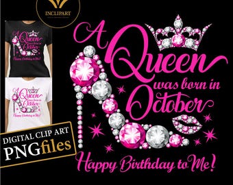 A Queen werd geboren in oktober digitale clipart-png-indeling. Verjaardagsfeestje illustraties. Damesfeest, hoge hak, kroonclipart. Direct downloaden.
