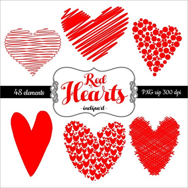 Heart Clipart. Valentine's Day clip art. Red hearts scribbled, dotty clipart . Instant digital download. PNG format. Business use.