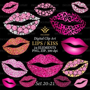 Lips, kiss digital clipart PNG. Pink glitter & diamond, pink leopard lips clipart. Fashion clipart. Wedding, party clipart. Instant download