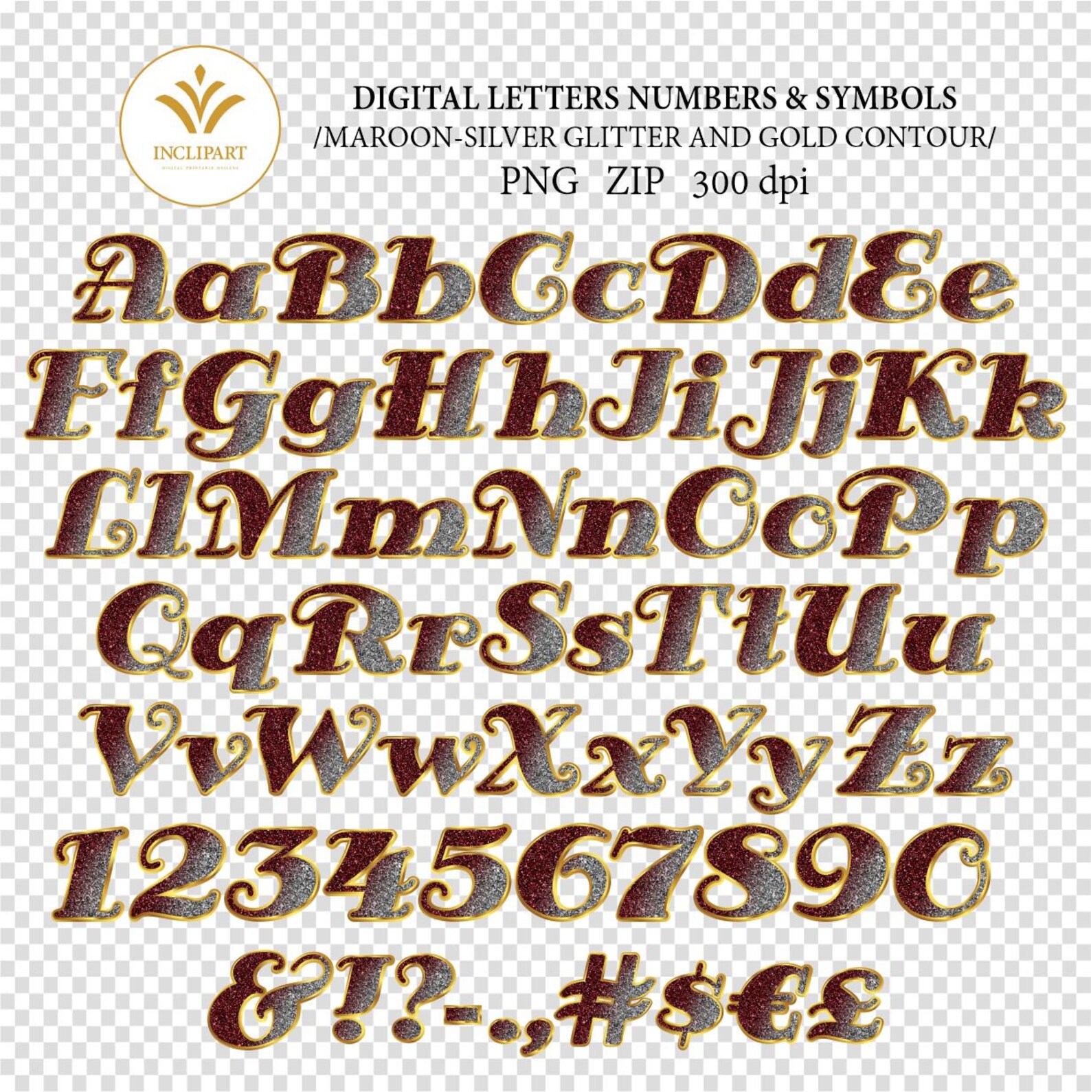 Glitter Alphabet Clipart. Letters and Numbers Digital Clip Art. Maroon ...