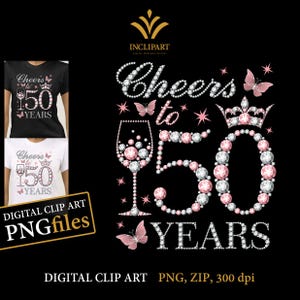 Proost op 50 jaar, digitale illustraties PNG, JPG-bestandsindelingen. Illustraties 50e verjaardag, doe-het-zelf, afdrukbare bestanden. Wijnglas, vlinder-png-bestanden.