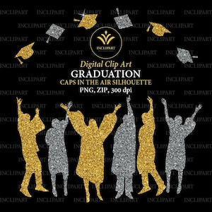 Graduación clip art. Gorras en el aire, silueta de la gente. Felicidades graduados clipart . Oro, brillo plateado. Descarga digital PNG.