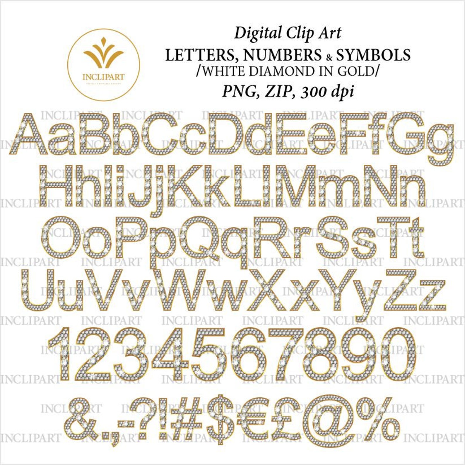 Diamond and gold alphabet and numbers digital PNG clipart. | Etsy