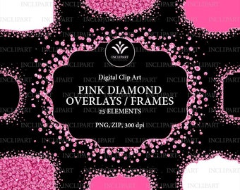 Marcos de diamantes rosas, imágenes prediseñadas de superposición. Digital Sparkle rhinestone marcos clip art. Marco imprimible. Descarga instantánea en formato PNG. Uso comercial