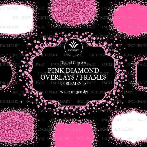 Pink Diamond Frames, overlay clipart. Digital Sparkle rhinestone frames clip art. Printable frame. Instant download PNG format. Business use