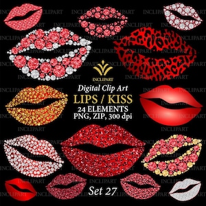 Lips, kiss digital clipart PNG. Red glitter and diamond, red leopard lips clipart. Fashion clipart. Wedding, party clipart. Instant download