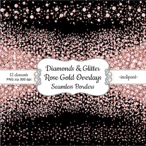 Rose Gold Diamond Clipart. Seamless side border diamond & glitter clipart. Overlays clipart. Instant digital download. PNG format.
