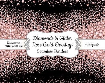 Rose Gold Diamond Clipart. Seamless side border diamond & glitter clipart. Overlays clipart. Instant digital download. PNG format.