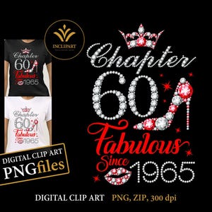 Chapitres 60 et 65, fabuleux depuis 1965, téléchargement numérique au format de fichier PNG. 60e anniversaire numérique PNG. Fête des dames, talon haut blanc et rouge.