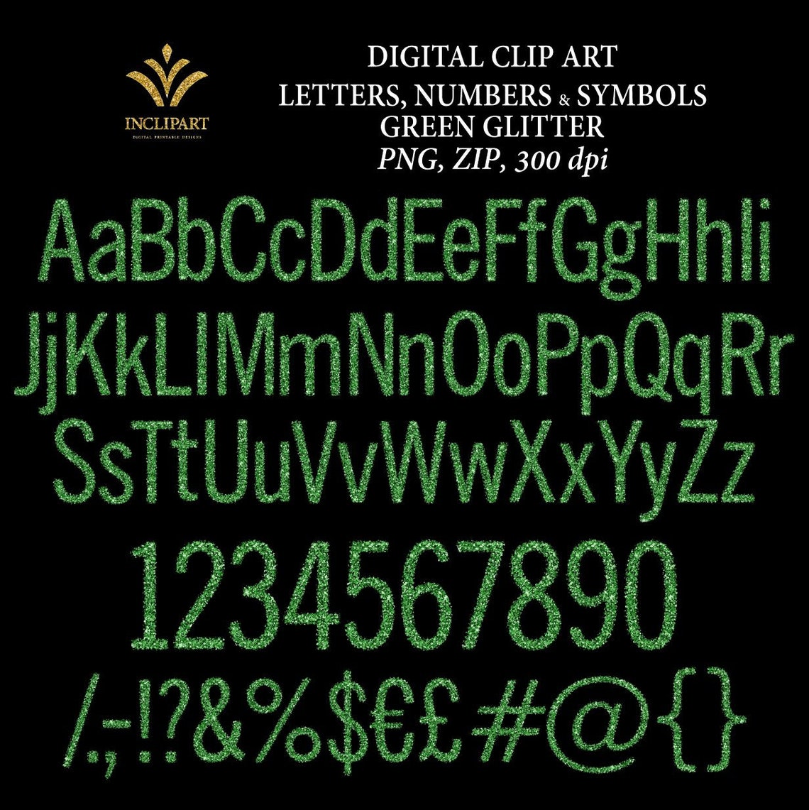 Green Glitter Letters, Numbers, Symbols PNG Files Digital Clip Art ...