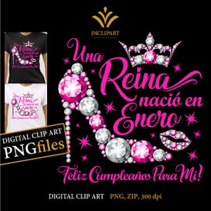 Una Reina nacio en Enero / digital clipart PNG format. Birthday party clip art. Ladies party, high heel, crown clipart. Instant download.