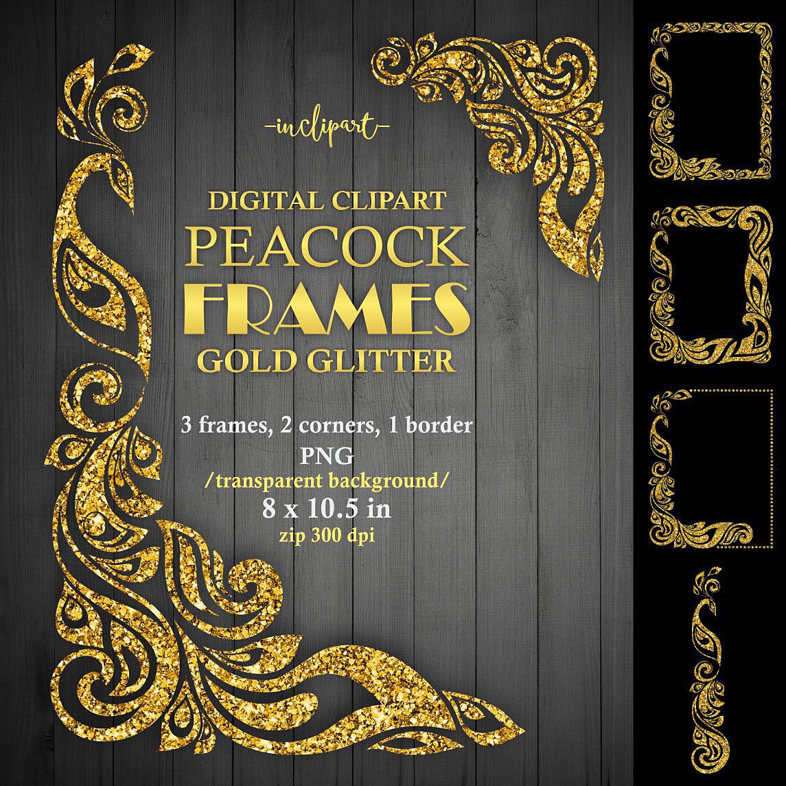 Peacock frame clipart. Gold glitter frame corner border ...