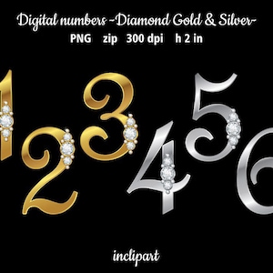 Imágenes prediseñadas de números digitales. Oro y plata con diamantes/imágenes prediseñadas de pedrería. Descarga instantánea en formato PNG. Uso de negocios.