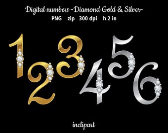 May include: Gold and silver numbers with diamond accents. The numbers are 1, 2, 3, 4, 5, and 6. The numbers are in a cursive font. The background is black.